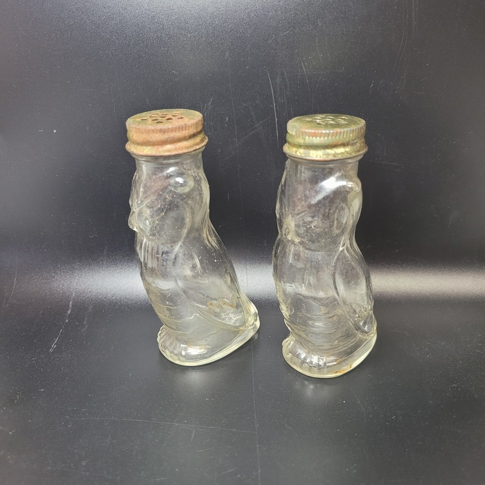 Vintage Clear Glass Owl Spice Jars Shakers with Metal Lids Pair
